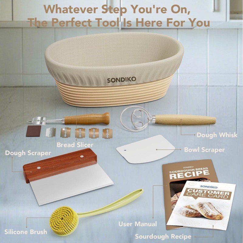 Sondiko Sourdough Starter Kit, Sourdough Bread Baking Supplies, Oval Banneton