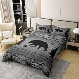 Manfei Bear 100% Nature Cotton Duvet Cover King Size,Jungle Hunting Wild Animals Silhouette Super Soft Bedding Set,Vintage Splicing Wooden Stripes Comforter Cover Bedding 3 Piece (No Comforter)