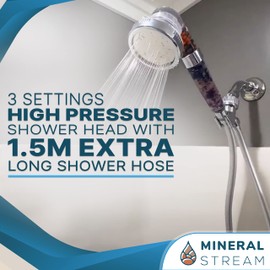 MineralStream Chakra Showerhead + Hose | Ecowater Spa Shower with 3 Spray Settings for Healthy Hair & Skin | Handheld High Pressure Water Saving Showerhead with 1.5m Hose (Set)