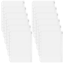 SOFPLATE 12Pcs A5 Binder Pockets 6 Holes Budget Cash Envelopes Clear Zipper Folders Waterproof PVC 6 Rings Loose Leaf Bags Binders for Planner Inserts Document Pouch Filing Pencil Office Supplies