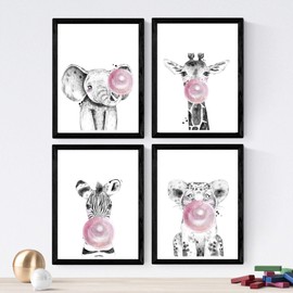 Nacnic Set of 4 Bubblegum Animals Posters. Portrait Style wall decoration of Giraffes, Elephants, Zebras and Leopards. Animals blowing Pink Bubblegum. Size A3, Frameless.