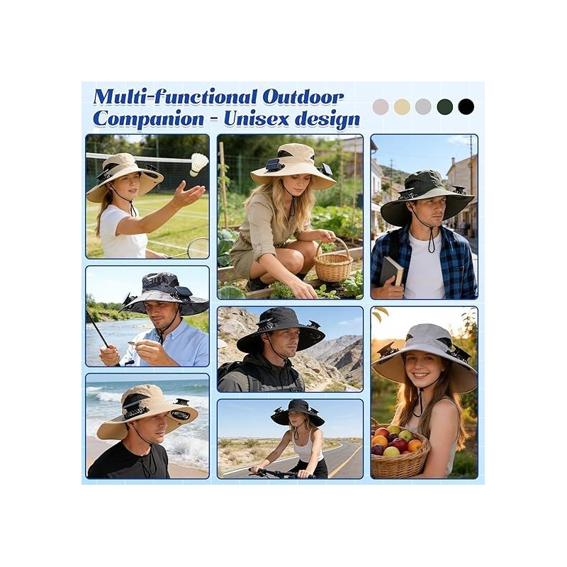Solar Powered Fan Sun Hat, 2-in-1 UPF 50+ Wide Brim