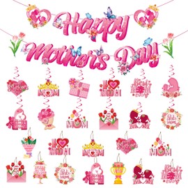 JIEYUMAO 26Pcs Happy Mother's Day Decorations, Mother's Day Banner with Hanging Swirls and Hanging Ornament, Pink Mother's Day Glitter Garland Mother's Day Party Supplies for Party Photo Props