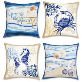 Bonhause Set of 4 Beach Cushion Covers, 45 x 45 cm, Seahorse, Crab, Starfish, Ocean, Velvet, Soft, Decorative Cushion Covers for Sofa, Bedroom, Living Room, Home Decoration