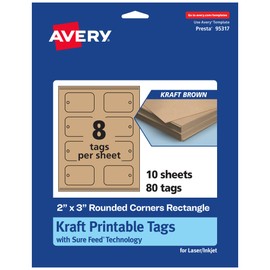 Avery Printable Rectangle Rounded Corner Tags with Sure Feed Technology, 2" x 3", Kraft Brown Cardstock, Print-to-the-Edge, Laser/Inkjet, 80 Total, Great for Custom Gift Tags and Branding Tags