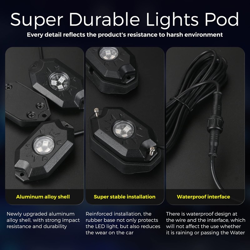 icicar 10 Pods Aluminum LED Rock Lights, APP Control Dual