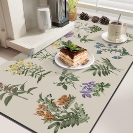 LOKHOM Dish Drying Mat for Kitchen Counter, 17"x32" Absorbent Coffee Bar Mat with Vintage Sage Flower Herbs, Dish Drainer Rack Mats for Kitchen Counter Coffee Maker Coffee Pot Dining Room Decoration