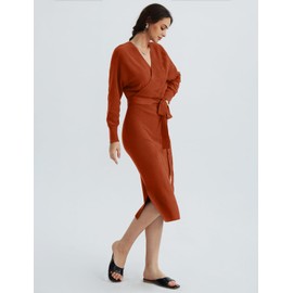 CHERFLY Women's V Neck Sweater Dresses Batwing Long Sleeve Backless Bodycon Long Dress with Belt(Burnt Brick Brown,Medium)