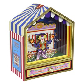Wooden animated music box/musical box on the theme of the circus with two clown automatons and 18-note wind up musical mechanism - The spring (Antonio Vivaldi).