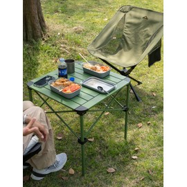 iClimb Lightweight Stable Alu. Folding Square Table Roll Up Top with Carry Bag for Camping Picnic Backyards BBQ Camp Kitchen (Green, M)