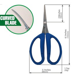 CHIKAMASA CRI-550SRF(Blue), The Specialty Trimming Precise Scissors, Stainless Steel with Fluorine Coating, Curved Blade for Trimming, harvesting vegetables and fruit, wide gardening use.