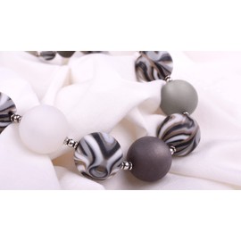 Adi Fashion Jewellery Large Women's Necklace "Jana" Original Elegant Mix of Polaris Patterned Zebra Beads and Small Silver Plated Cylinder Beads Handmade in Berlin, Resin, Pearl