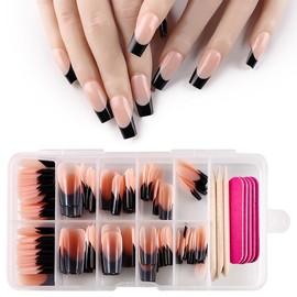 120 Pcs French Tip Press on Nails Medium Square Fake Nails Black French Nails Press on Medium Glossy Nude Acrylic Nails Full Cover Artificial False Nails Glue on Nails with Adhesive Tabs for Women