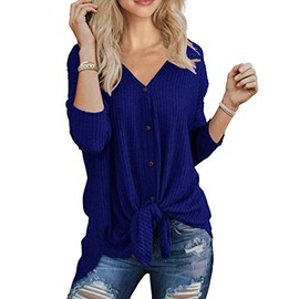 IWOLLENCE Womens Loose Henley Blouse Bat Wing Long Sleeve Button Down T Shirts Tie Front Knot Tops Royal Blue, M