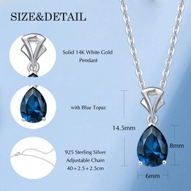 FANCIME Christmas Gifts Blue Topaz Necklace 14K Solid White Gold Teardrop Pendant Necklace December Birthstone Birthday Gifts for Mom Women, Sterling Silver Chain 16" + 2" Extender