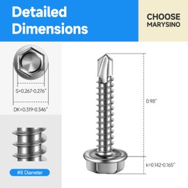 Self Drilling Screws for Metal, 100Pcs #8 x 1 Self Tapping Screws for Metal Plastic Wood, 410 Stainless Steel Hex Head Sheet Metal Screws, High-Strength Quick Self-Tapping Screws by Marysino
