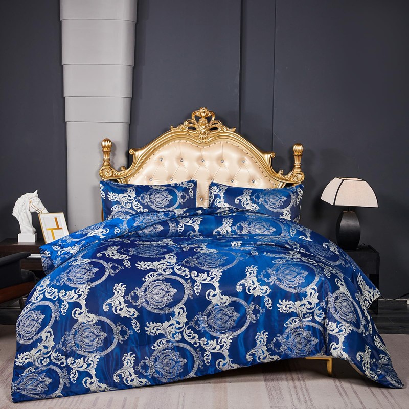 Herside Dark Blue Jacquard Duvet Cover Set Double Bedding Set