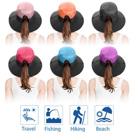 6 Pieces Womens Ponytail Wide Brim Sun Hat Packable UV Protection Beach Cap for Fishing & Hiking (Purple＆Sky Blue＆Watermelon Red＆Pink＆Orange＆Grey)
