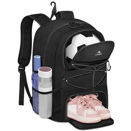 MATEIN Girls Soccer Bag, Water Resistant Youth Soccer Bag with Fence Hook, Lightweight Girls Basketball Ball Backpack with Ball & Shoes Compartment, 15.6 Inch Sports Equipment Laptop Backpack, Black