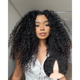 V Part Curly Wig for Black Women – Glueless Protein Silk Synthetic Burmese Curl Wigs, Soft Natural Human Hair Feel, Lightweight Beginner Friendly, Daily Wear/Vacation/Travel/Graduation/Time-Saving