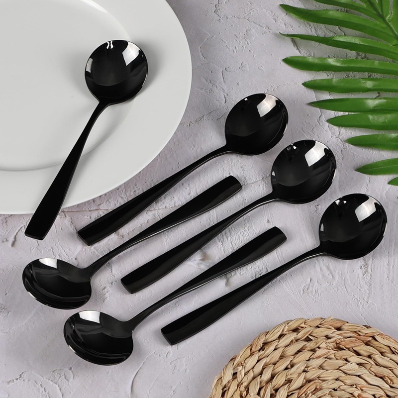 Dehouse 16-Piece Black Soup Spoons - Round Spoon, 7.3 Inch