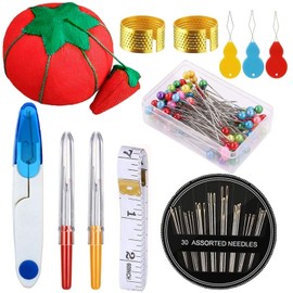 Fbshicung 140 Pieces Sewing Tool Set Including Tomato Pin Cushion,Glass Ball Head Pins, Self Threading Needle Gourd Shaped Needle Threaders, Seam Ripper, Scissors,Thimble and Soft Tape Measure
