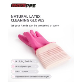 PACIFIC 2 Pairs Reusable Rubber Gloves for Washing Dishes and Cleaning Tasks, Water Resistant Household Gloves for Kitchen Bathroom, Grippy Latex Dish Washing, Pink, Large