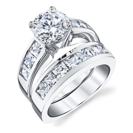 2 Carats Sterling Silver Bridal Set Cubic Zirconia Engagement Wedding Ring Bands with Round and Princess Cut