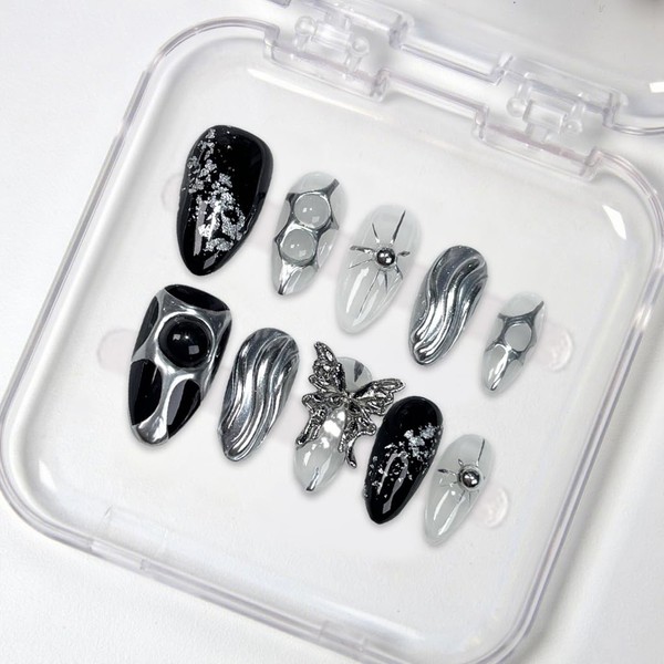 Black Press on Nails Medium Almond Fake Nails with 3D