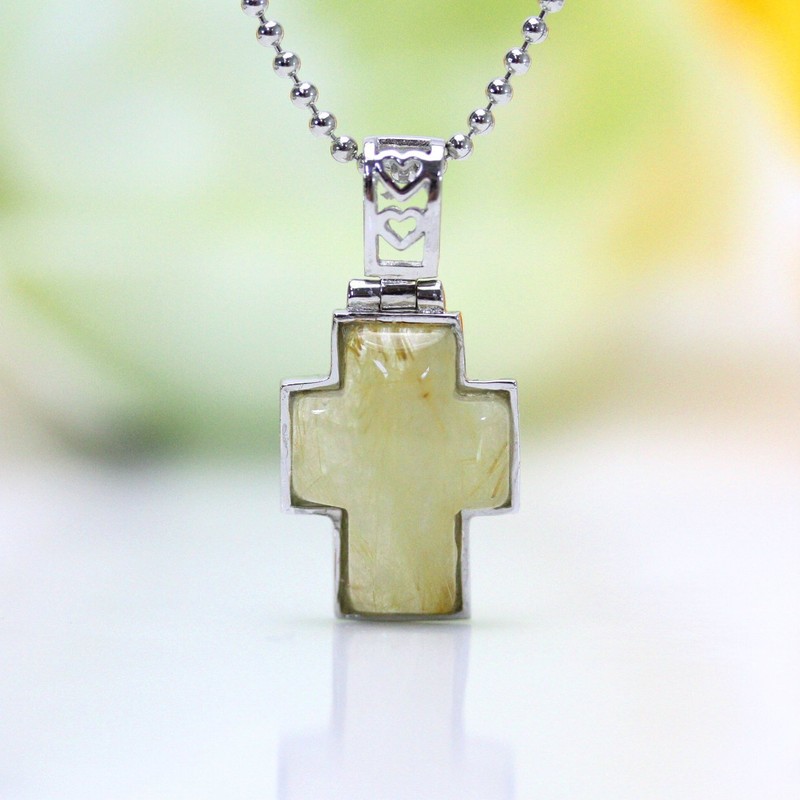 ［ ハッピーボム ］ ルチルクオーツ ふっくらクロス 天然石 パワーストーン ペンダント ネックレス チェーン40cm