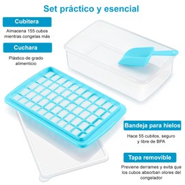 U Chef Bandeja para Cubitos de Hielo con Tapa y Contenedor para Congelador, Molde para hacer Hielo de 55 Cavidades para cóctel, café, de Fácil Liberación, con Cuchara para Hielo (Azul)