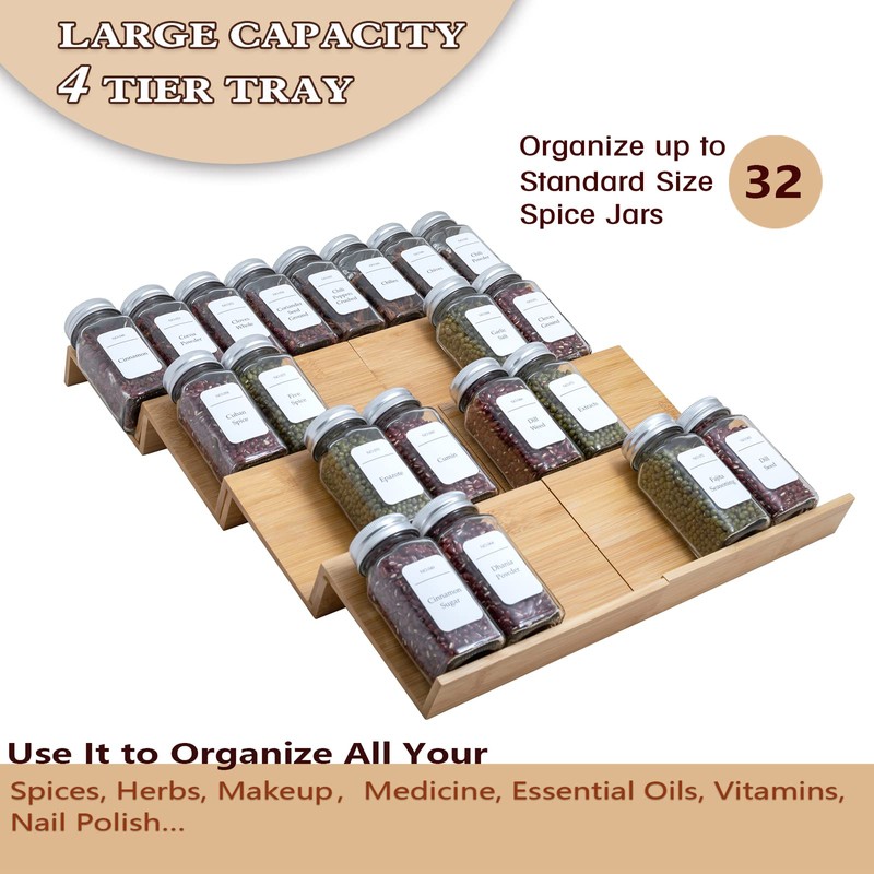 Angimio Bamboo Spice Rack Drawer Organizer - 8 Pieces Set-