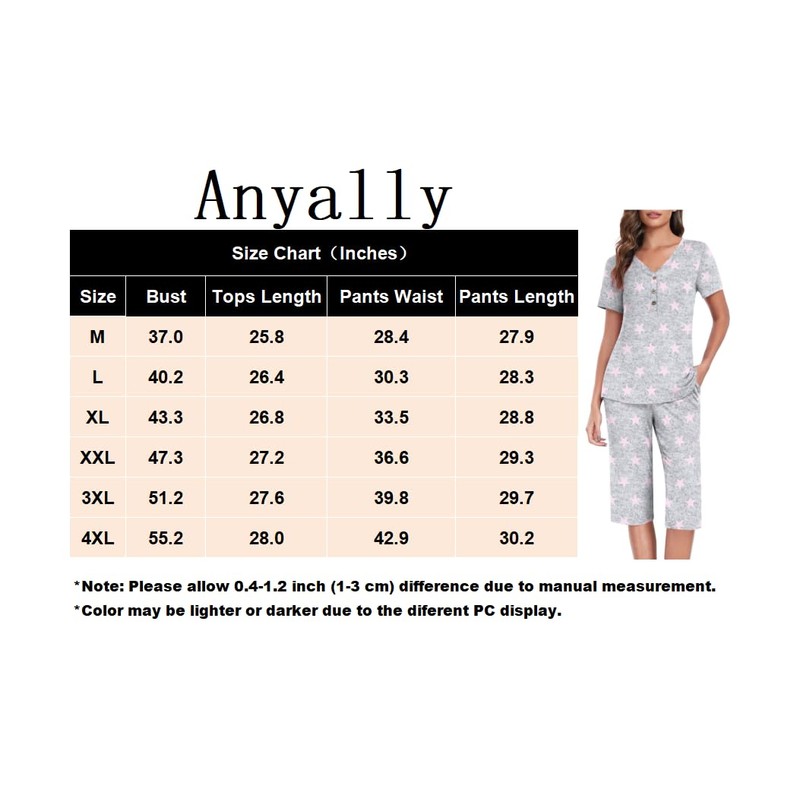 Anyally Women's Pajama Set Plus Size Short Sleeve Top and