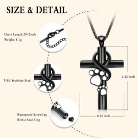 Oinsi Cross Urn Necklace for Ashes Pet Paw Cremation Jewelry for Dog/Cat Memorial Urn Pendant Ash Keepsake for Men Women Pets - Black