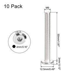 Bonsicoky 10 Pcs M6-1.0 x 50mm Flat Round Head Hex Socket Cap Screws Bolts, 304 Stainless Steel Connection Bolts Screws for Furniture, Bed, Chairs