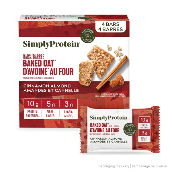 Simply Protein Baked Oat Bars, Cinnamon Almond Breakfast Bars, Gluten Free Vegan Snacks 4 Count
