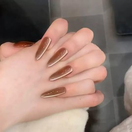 C.Z.Z.T.T.NAILS Press-On Nails, Almond Shape Coffee Cat Eye, 30 Pieces with Jelly Gel Tool Kit, Reusable