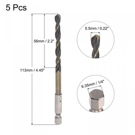 sourcing map 5 Pcs High Speed Steel Hex Shank Twist Drill Bit, 5.5mm Drilling Dia with 1/4 Inch Hex Shank 113mm Length