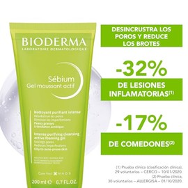 BIODERMA, Sébium Gel Moussant Actif Anti-Acné, Limpiador Facial, Reduce Brotes, Skincare Piel Grasa, 200ML