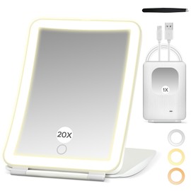 PEDOMIROR 2 in 1 64 LED Travel Magnifying Mirror with Light, 20X/1X Lighted Makeup Mirror, 3 Colors Dimmable Lighting Folding Cosmetic Vanity Mirror, Handheld/Compact/Portable