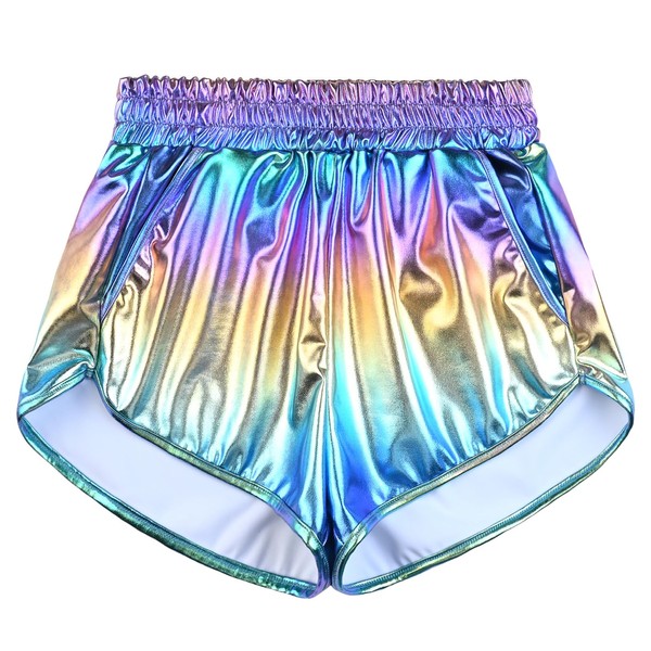 Perfashion Women's Metallic Shiny Shorts Sparkly Hot Yoga Outfit, Gradient