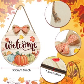Thanksgiving Door Sign Fall Welcome Sign Autumn Pumpkin Wood Door Sign Rustic Round Welcome Door Hanging Sign for Fall Thanksgiving Harvest Front Door Porch Wall Home Indoor Outdoor Decor, 12 Inch