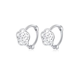 Reffeer 925 Sterling Silver Camellia Flower Hoop Earrings Huggie for Women Girls Tiny Flower Hoop Earrings Cartilage Helix Earrings (A-Silver)