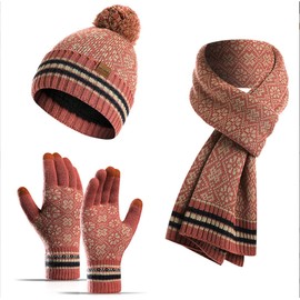 GFM Womens Men's Winter Warm Three-Piece Knitted Wool and Velvet Hat Scarf Glove Set (TPS-Y74-GLB-Pink)