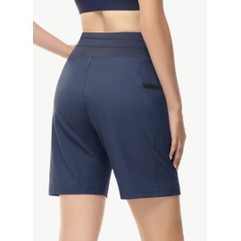 MIVEI - Pantalones cortos para mujer, de 7 pulgadas, sin forro, cintura alta, control de abdomen, pantalones cortos largos para senderismo, atletismo, UPF 50, bolsillos con cierre de secado rápido, marino, M