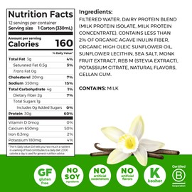 Orgain 30g High Protein Shake, Dairy Isolate Milk Protein, Vanilla Bean, 6g BCAAs, 1g Sugar Per Serving, Meal Replacement, Ready to Drink, Keto Friendly, Gluten-Free 11 Fl Oz (Pack of 12)