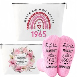 MHwan 60 Geburtstag Frauen, Geschenke Mit Lustigen und Humorvollen Worten, Doppelseitiges Exquisites Kosmetiktaschen und Weiches Warmes Socken-Set, Süßes Rosa Set, Geburtstagsgeschenke für Frauen