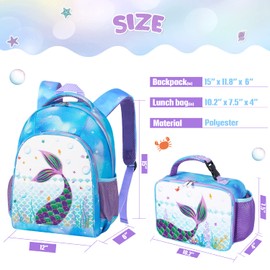 WAWSAM PVC Mermaid Kids Backpack Set - Glitter School Backpack with Lunch Bag for Girls Toddler Preschool Kindergarten Elementary 15” Travel 3D Blue Book Bag Insulated Lunch Tote Bag