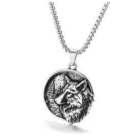PiercingJak Men's Necklace with Coin Pendant Compass Wolf Viking Helmet of Awe Chain Stainless Steel Nordic Talisman Jewellery Amulet Birthday Gift for Men Boys, Stainless Steel