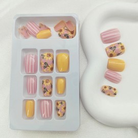 Square Press on Nails Short Yellow Fake Nails Sunflower Flower Acrylic Nails Press ons Full Cover Retro Oil Painting Style Glue Stick on Nails for Women Girls 24 Pcs